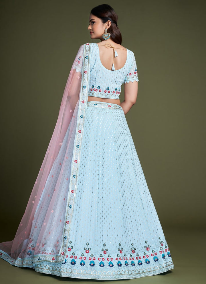 Lassya Fashion Sky Blue Elegant Georgette Wedding Lehenga Set with Sequins Embroidery