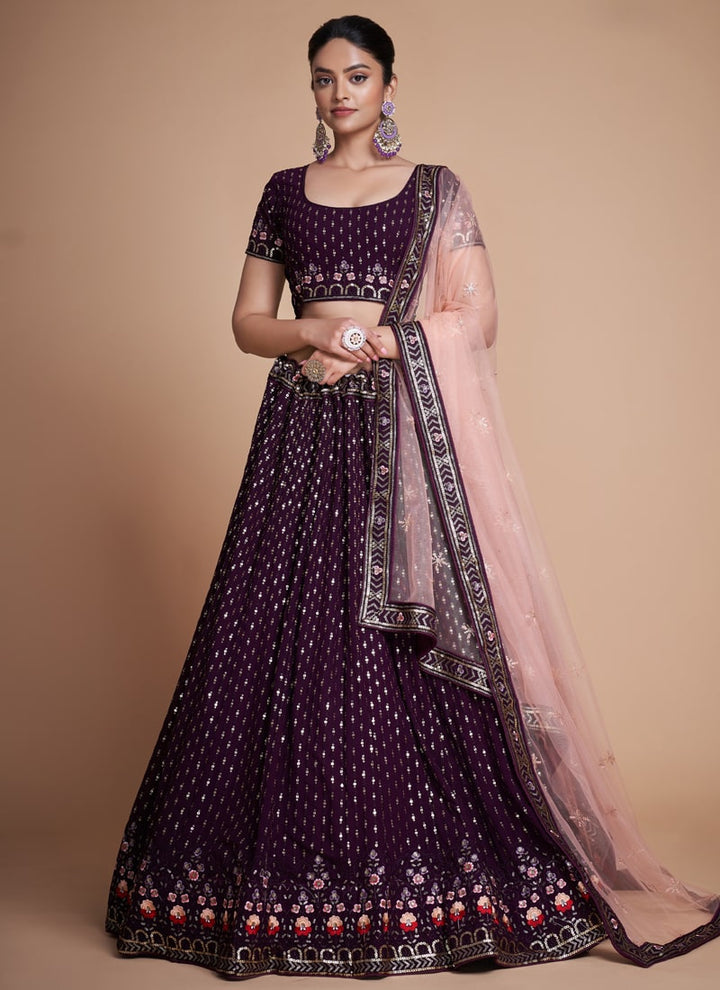 Lassya Fashion Purple Elegant Georgette Wedding Lehenga Set with Sequins Embroidery