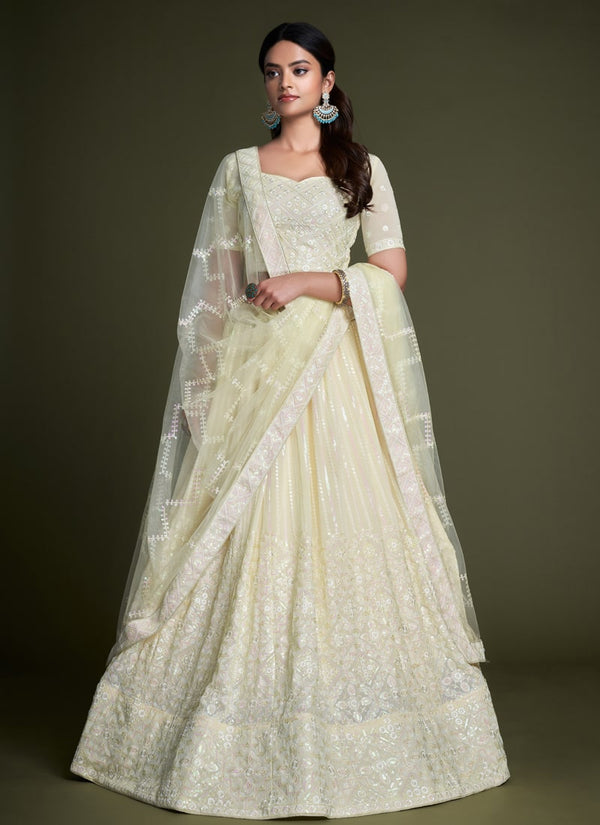 Lassya Fashion Light Yellow Elegant Georgette Wedding Lehenga Set with Sequins Embroidery