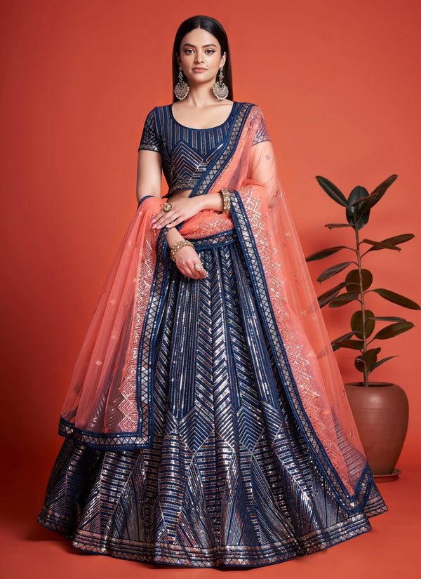 Lassya Fashion Dark Blue Elegant Georgette Wedding Lehenga Set with Sequins Embroidery
