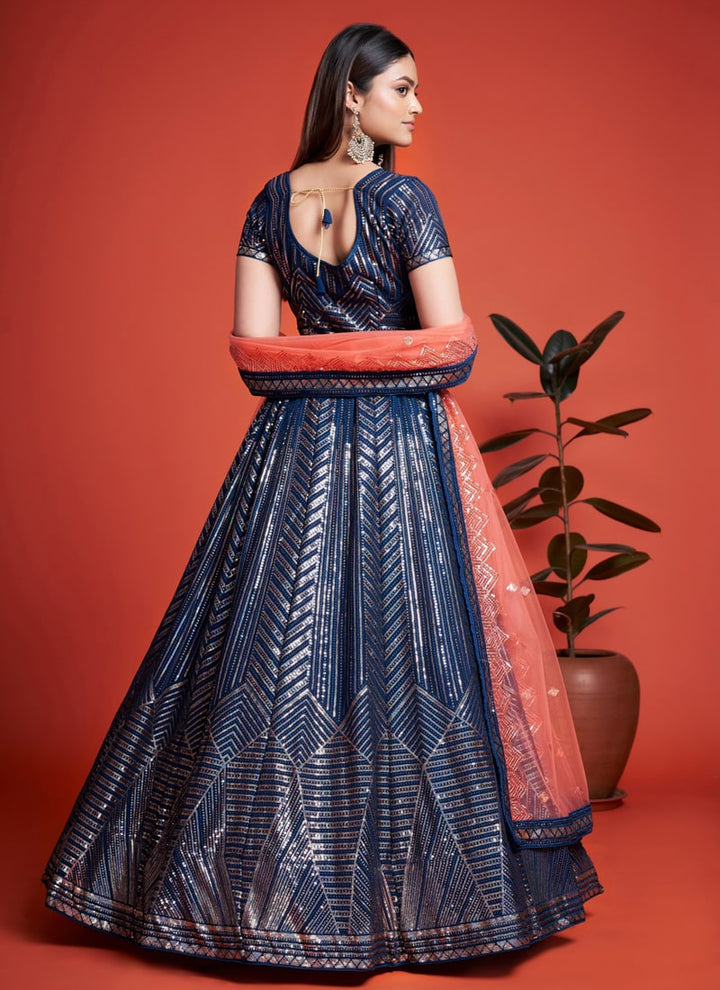 Lassya Fashion Dark Blue Elegant Georgette Wedding Lehenga Set with Sequins Embroidery