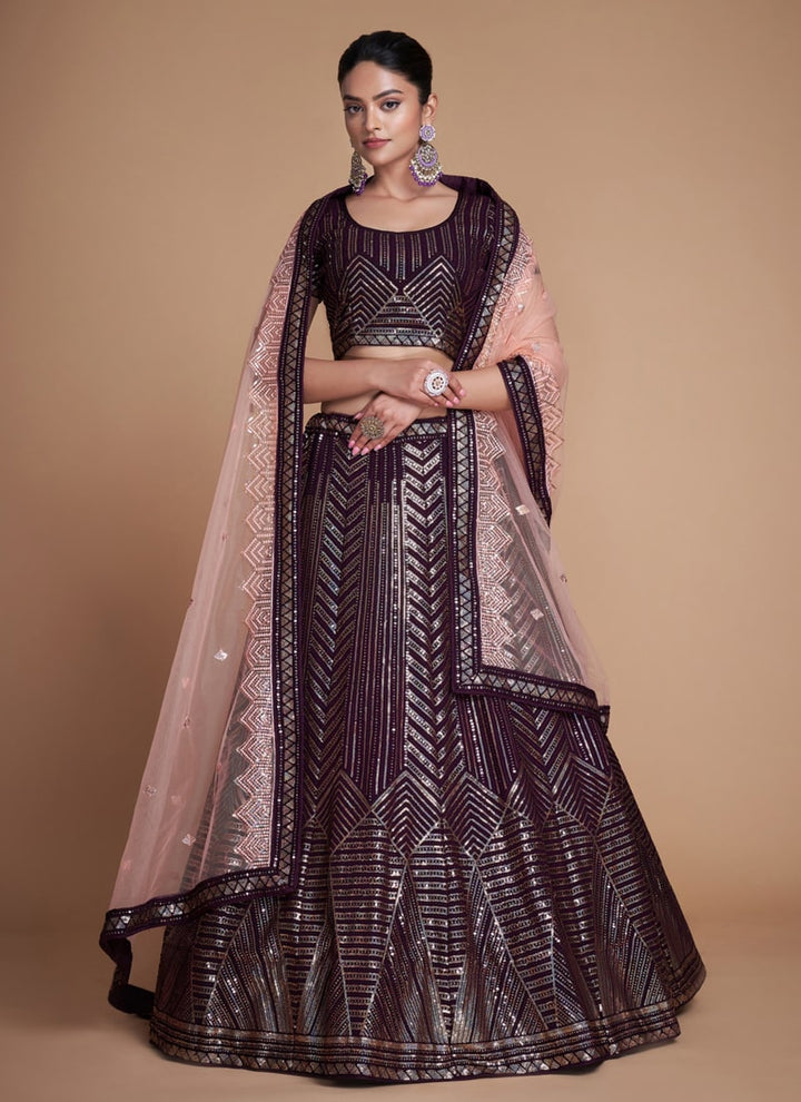 Lassya Fashion Dark Purple Elegant Georgette Wedding Lehenga Set with Sequins Embroidery