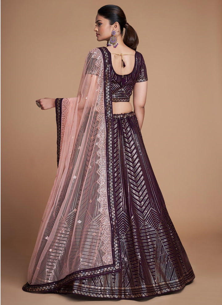 Lassya Fashion Dark Purple Elegant Georgette Wedding Lehenga Set with Sequins Embroidery