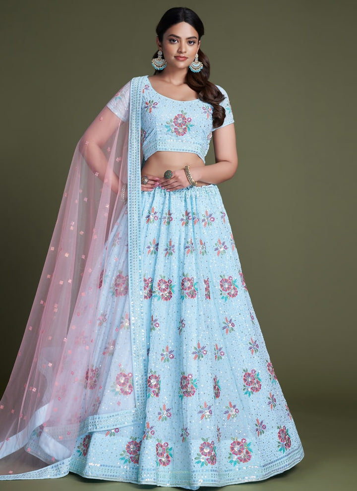 Lassya Fashion Sky Blue Elegant Georgette Wedding Lehenga Set with Sequins Embroidery