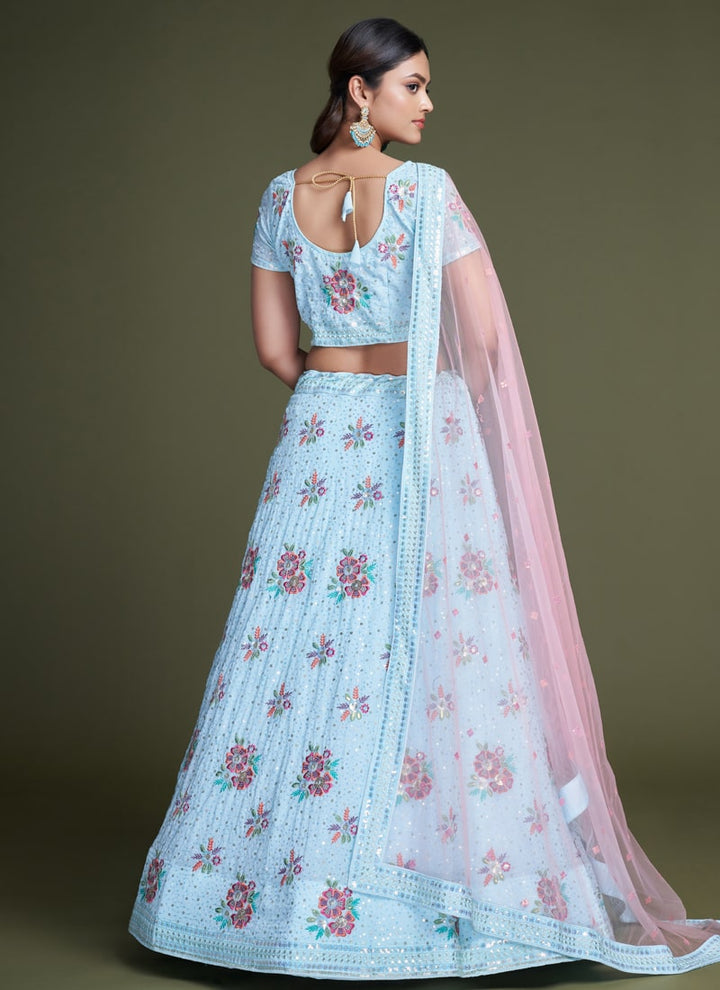 Lassya Fashion Sky Blue Elegant Georgette Wedding Lehenga Set with Sequins Embroidery