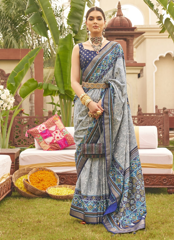 Grey Regal Patola Silk Saree with Silk Blouse