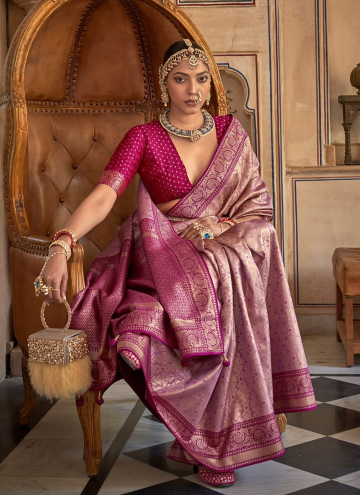 Mauve and Magenta Pink Exquisite Handloom Patola Silk Saree with Matching Blouse