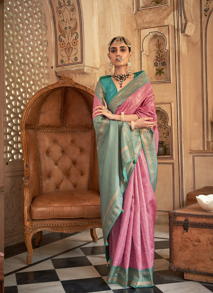 Rose Pink And Rama Green Exquisite Handloom Patola Silk Saree with Matching Blouse