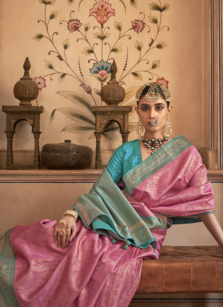 Rose Pink And Rama Green Exquisite Handloom Patola Silk Saree with Matching Blouse