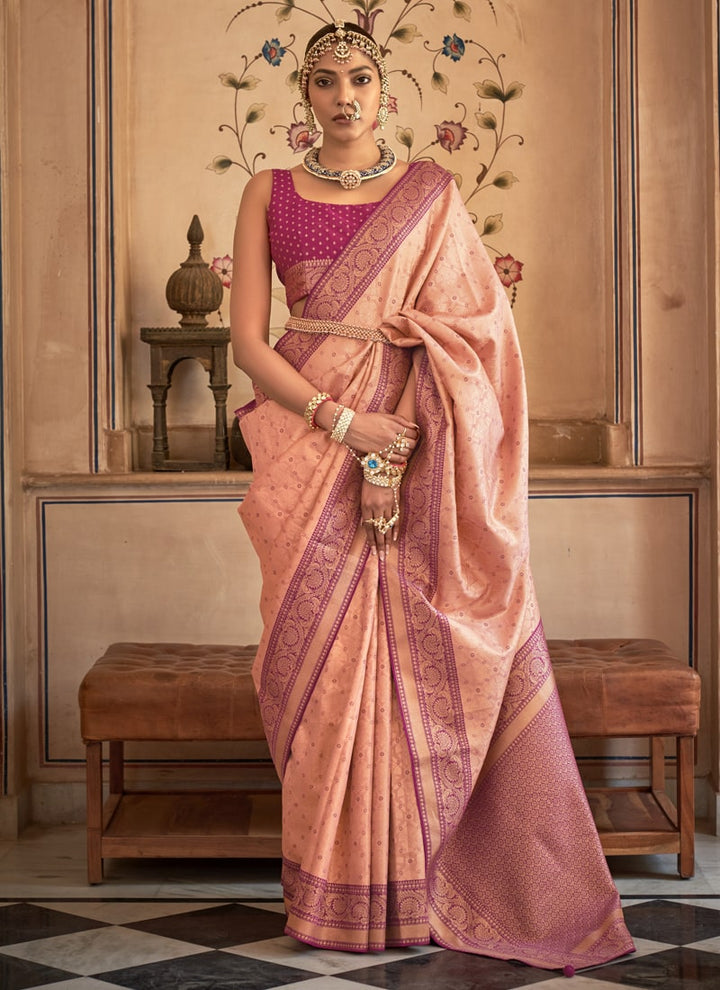 Orange Peach And Magenta Pink Exquisite Handloom Patola Silk Saree with Matching Blouse