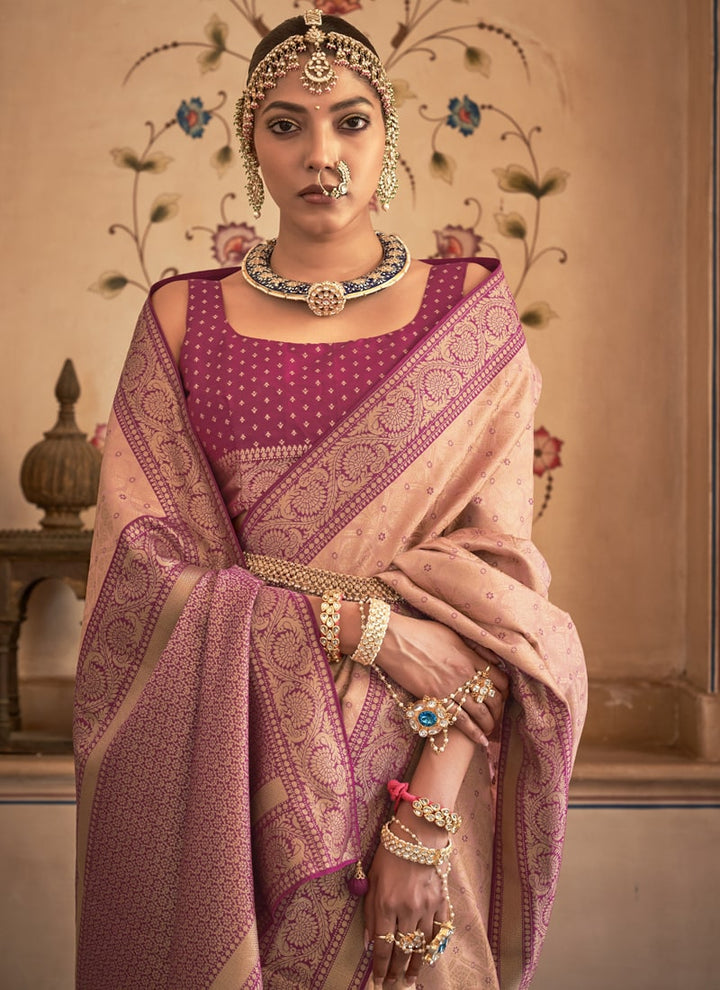 Orange Peach And Magenta Pink Exquisite Handloom Patola Silk Saree with Matching Blouse