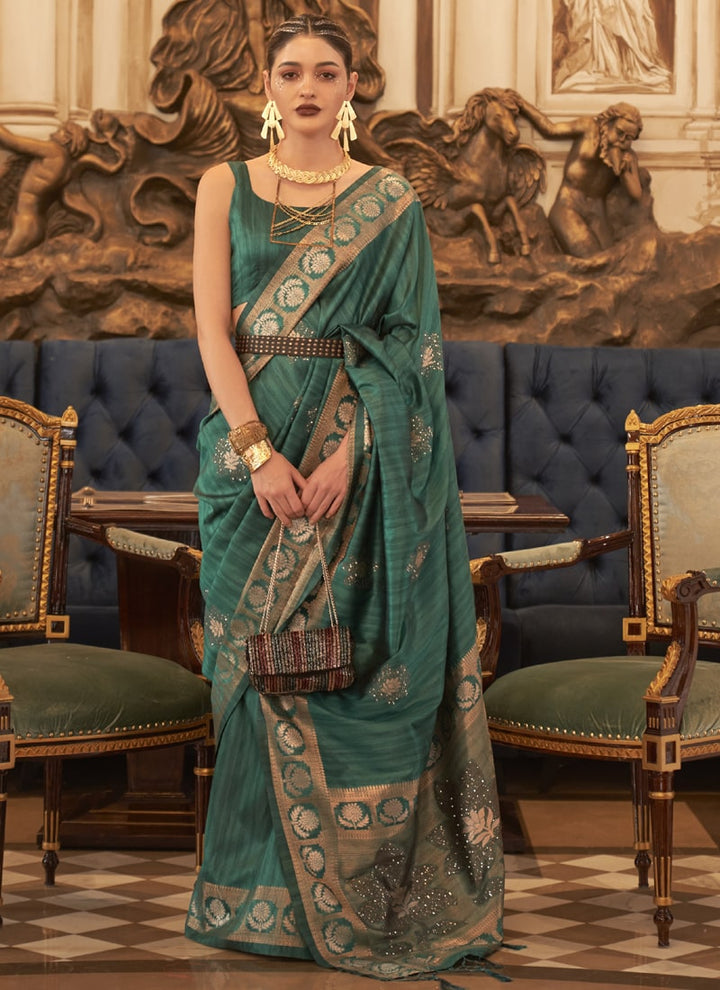 Dark Green Elegant Wedding Tussar Silk Saree with Matching Blouse