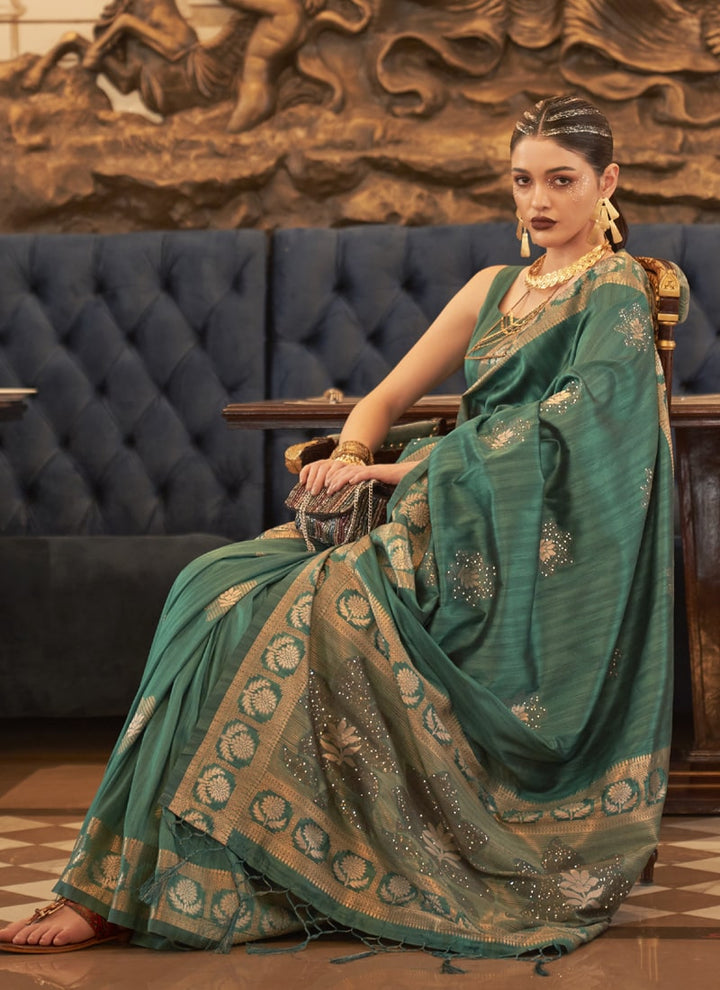 Dark Green Elegant Wedding Tussar Silk Saree with Matching Blouse