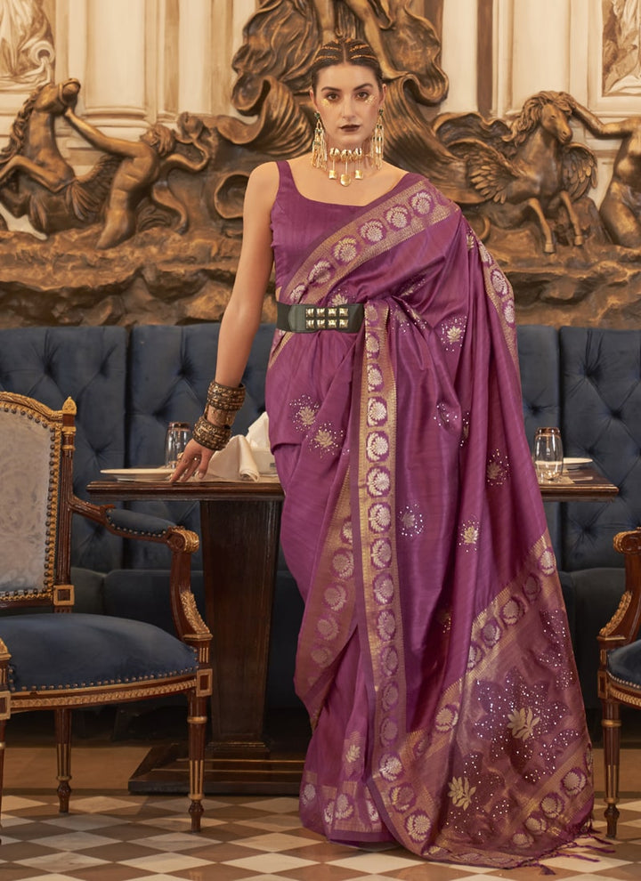Wine Elegant Wedding Tussar Silk Saree with Matching Blouse