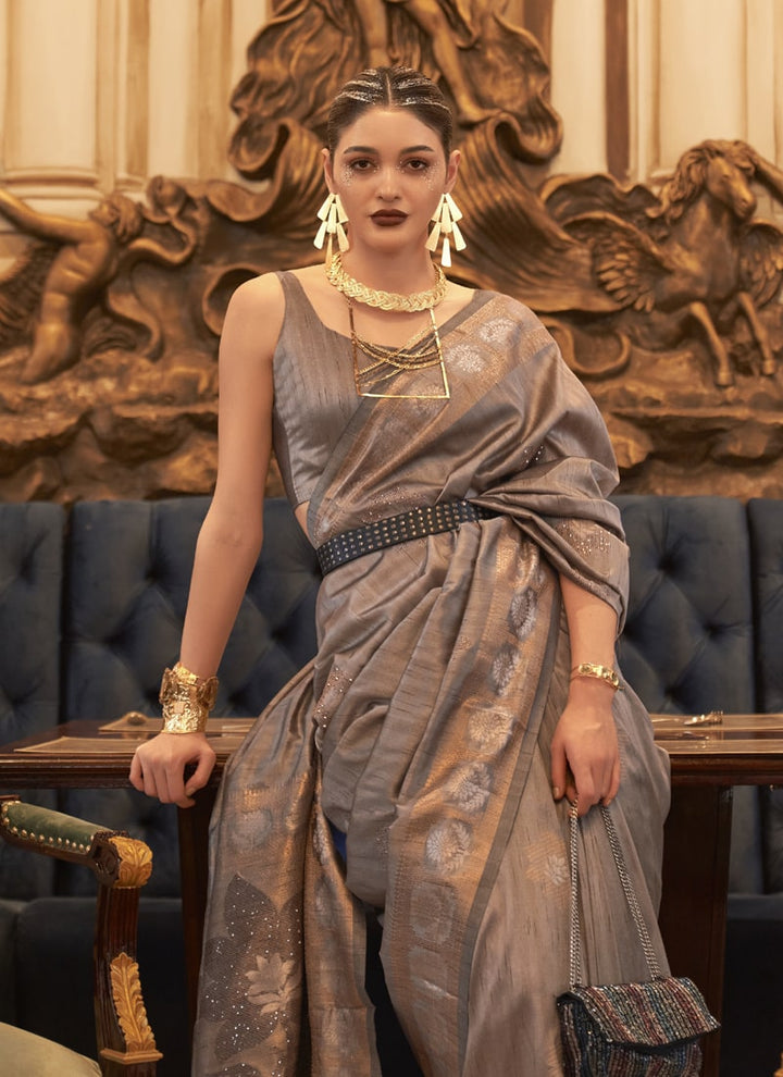 Dark Beige Elegant Wedding Tussar Silk Saree with Matching Blouse