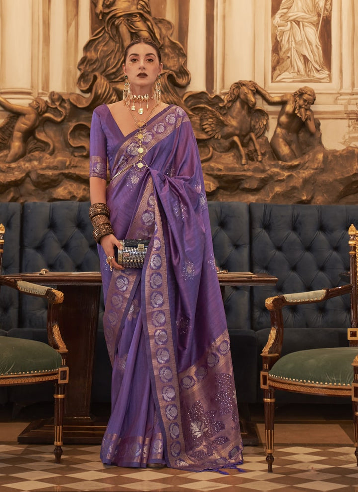 Dark Purple Elegant Wedding Tussar Silk Saree with Matching Blouse