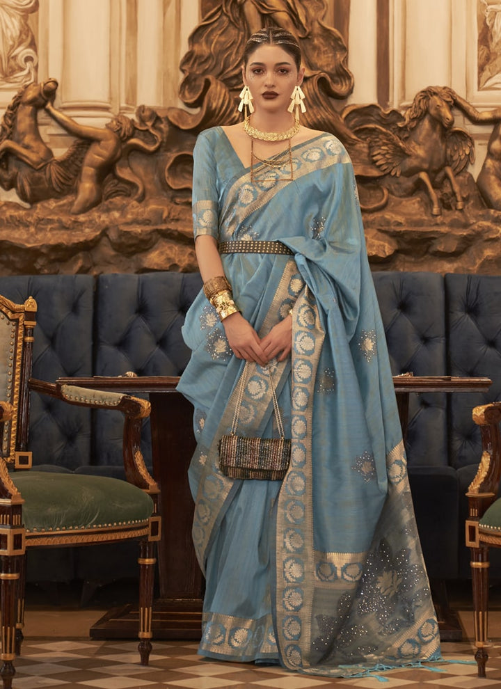 Dusty Blue Elegant Wedding Tussar Silk Saree with Matching Blouse
