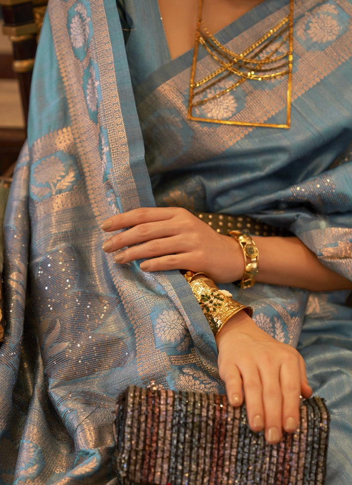 Dusty Blue Elegant Wedding Tussar Silk Saree with Matching Blouse