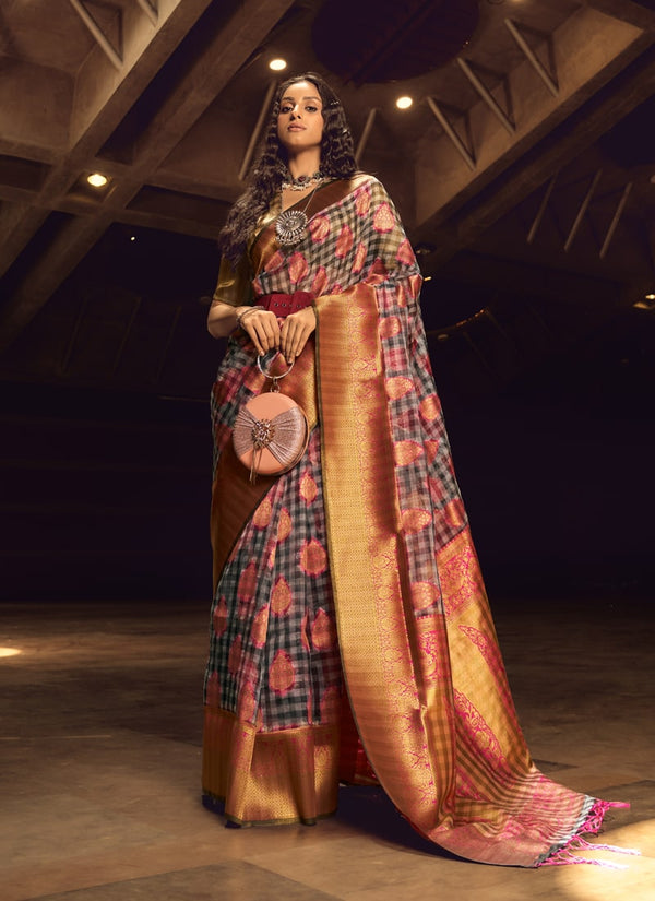 Multicolor Handloom Weaving Silk Saree with Matching Blouse