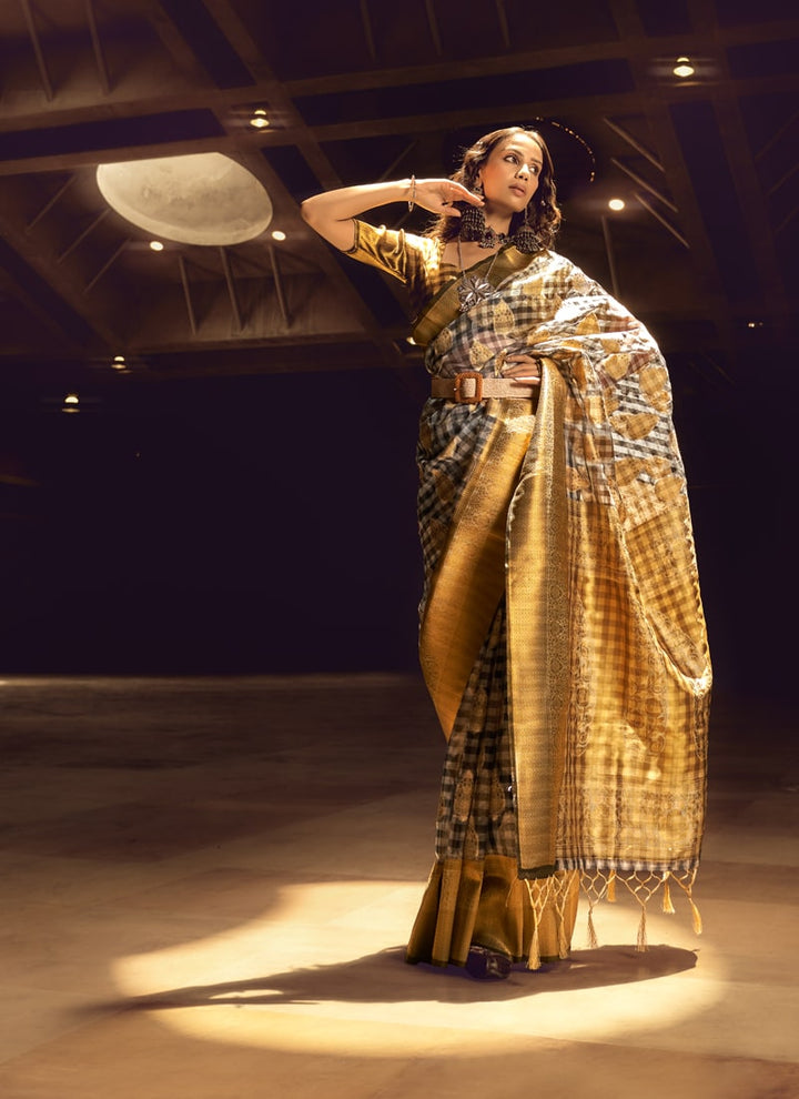 Golden Handloom Weaving Silk Saree with Matching Blouse