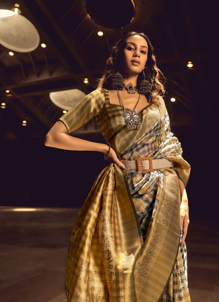 Golden Handloom Weaving Silk Saree with Matching Blouse