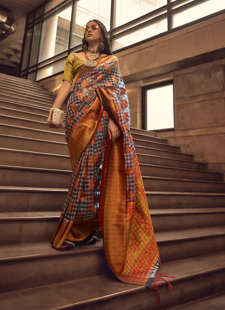 Orange Handloom Weaving Silk Saree with Matching Blouse