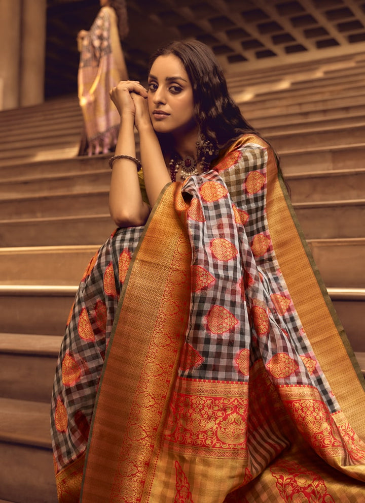 Orange Handloom Weaving Silk Saree with Matching Blouse