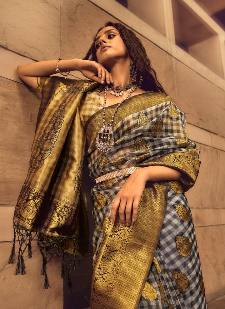 Golden Handloom Weaving Silk Saree with Matching Blouse