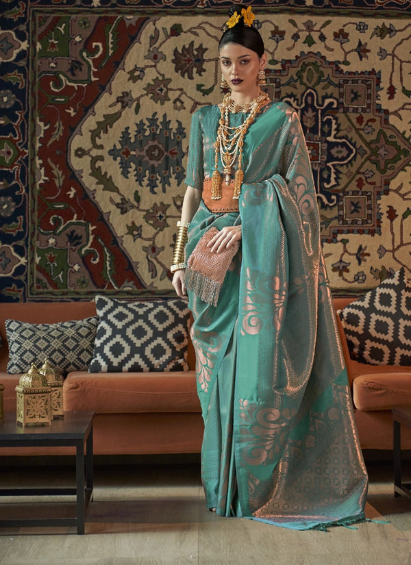 Rama Green Zari-Woven Silk Saree with Matching Silk Blouse