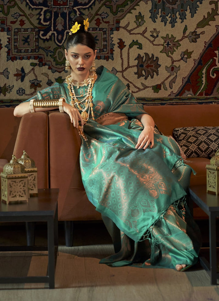 Rama Green Zari-Woven Silk Saree with Matching Silk Blouse