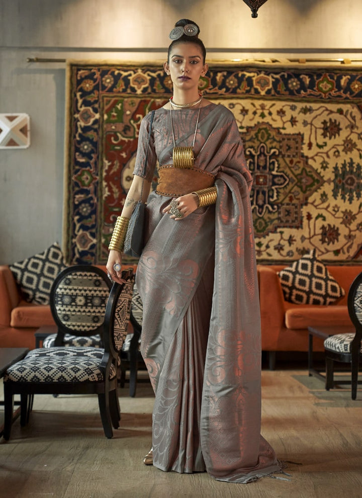 Grey Zari-Woven Silk Saree with Matching Silk Blouse