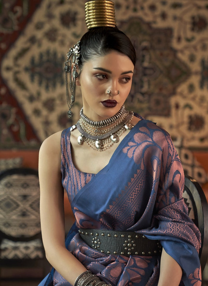 Navy Blue Zari-Woven Silk Saree with Matching Silk Blouse