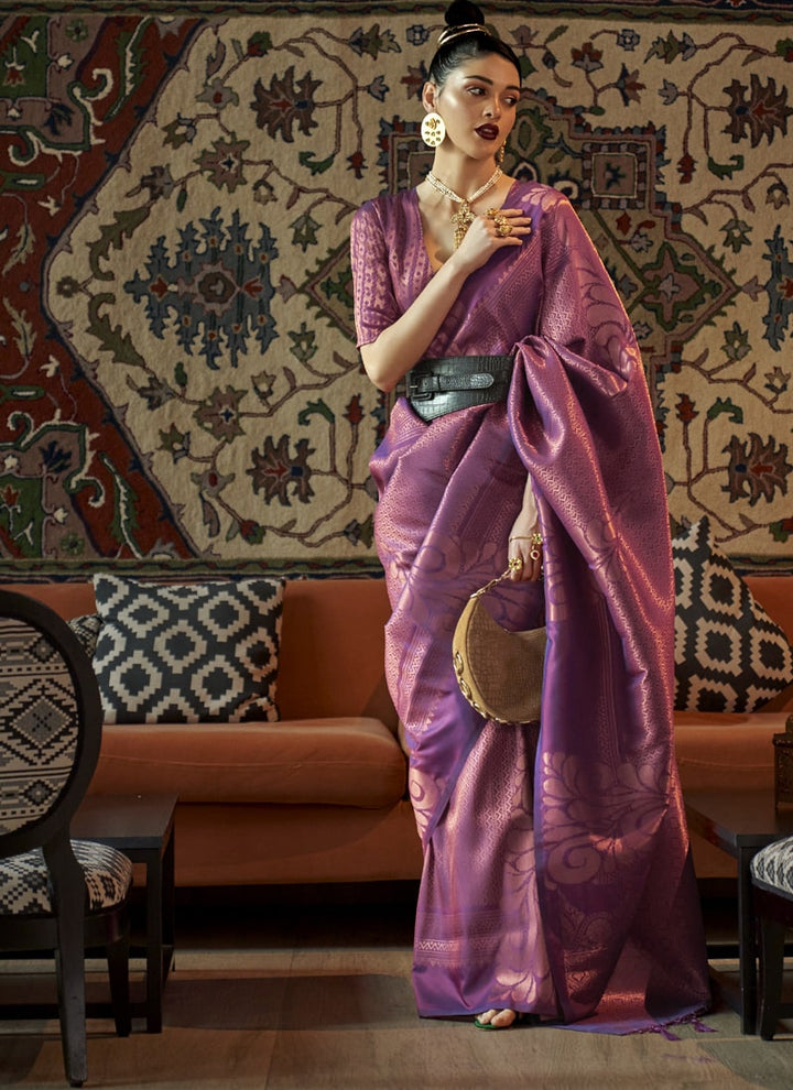Purple Zari-Woven Silk Saree with Matching Silk Blouse