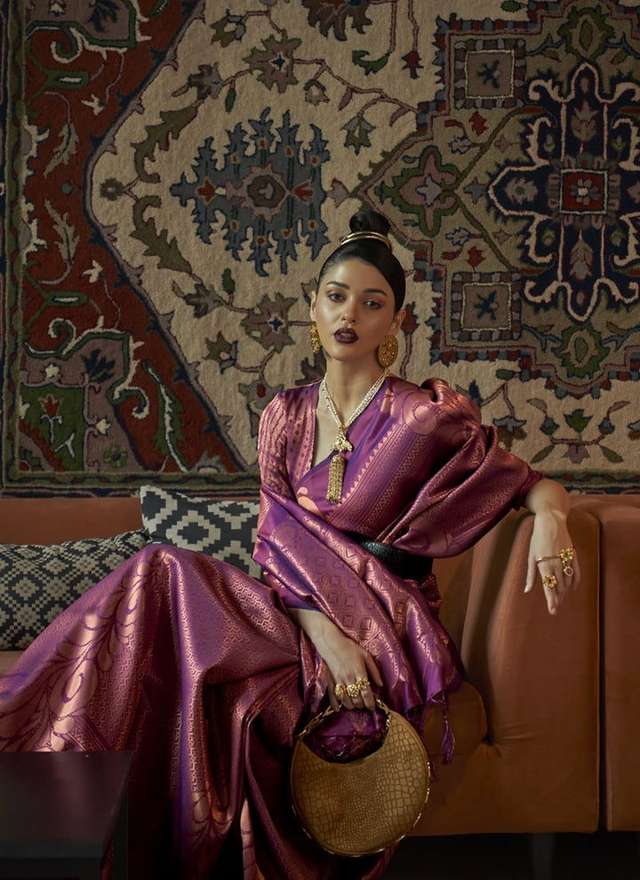 Purple Zari-Woven Silk Saree with Matching Silk Blouse