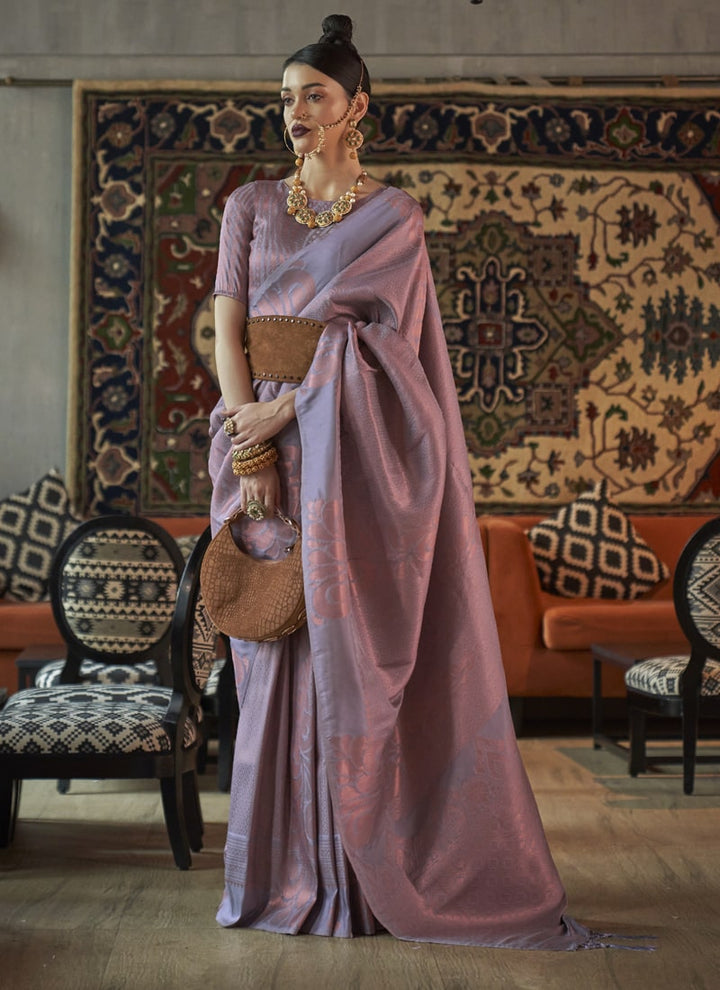 Lavender Zari-Woven Silk Saree with Matching Silk Blouse