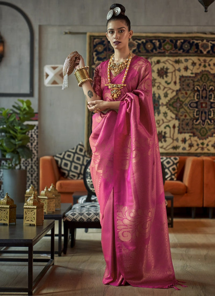 Rani Pink Zari-Woven Silk Saree with Matching Silk Blouse