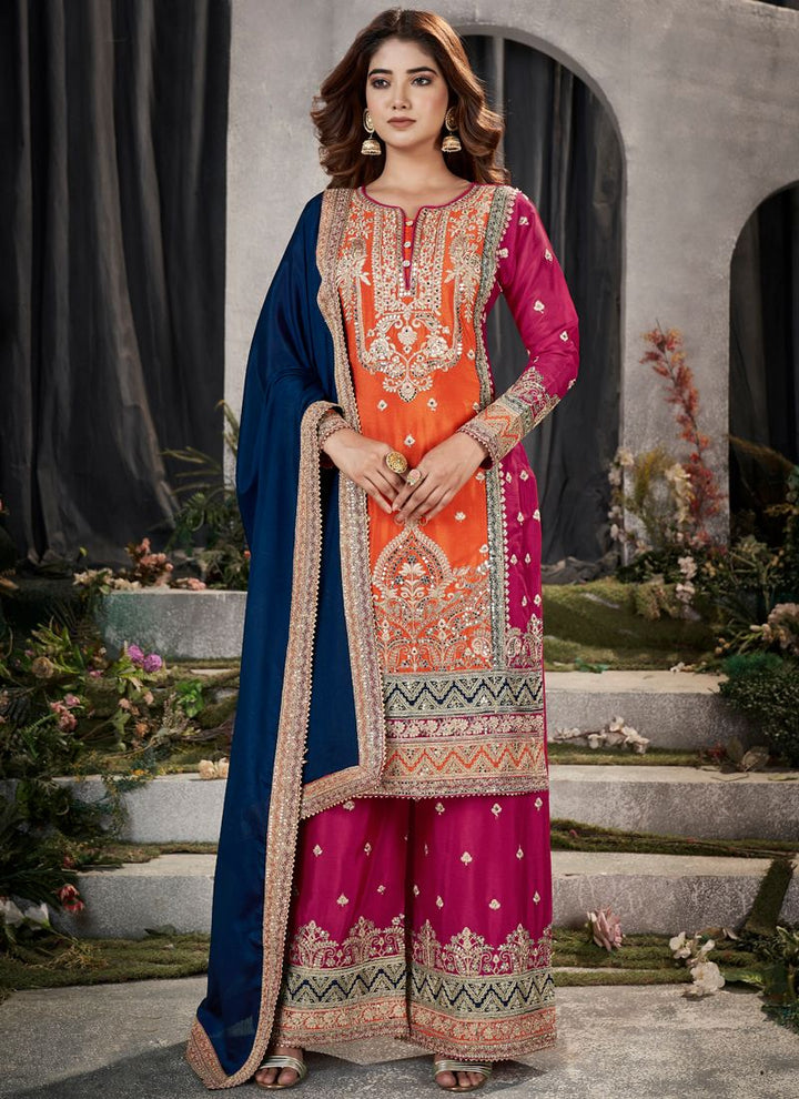 Orange and Pink Exquisite Pakistani Party Wear Palazzo Suit