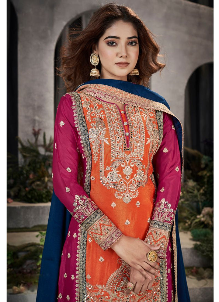 Orange and Pink Exquisite Pakistani Party Wear Palazzo Suit