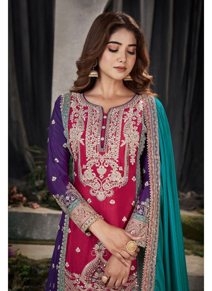 Red and Purple Exquisite Pakistani Party Wear Palazzo Suit