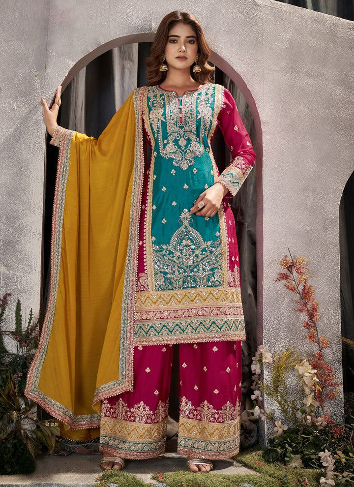 Green and Pink Exquisite Pakistani Party Wear Palazzo Suit