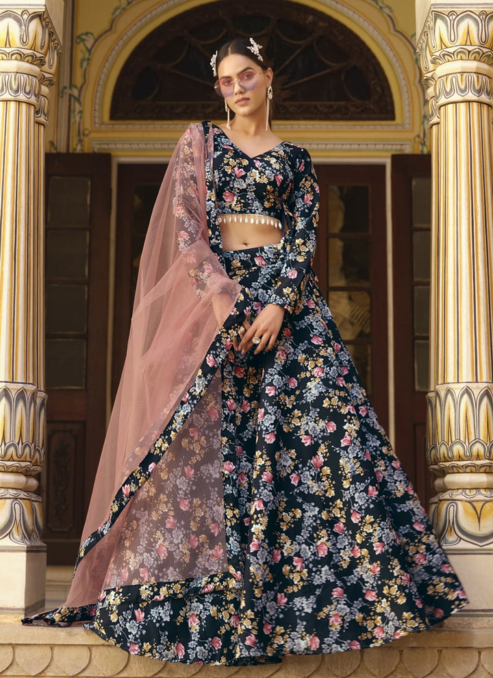 Black Designer Lehenga Set in Finest Crushed Silk with Floral Print Details
