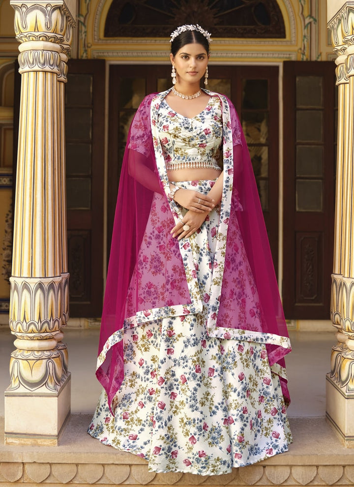 Off White Designer Lehenga Set in Finest Crushed Silk with Floral Print Details