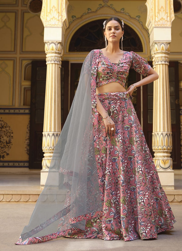 Rose Pink Designer Lehenga Set in Finest Crushed Silk with Floral Print Details