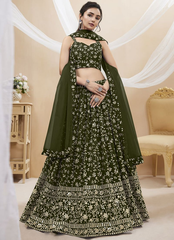 Olive Green Exquisite Georgette Wedding Lehenga with Sequins and Zari Work