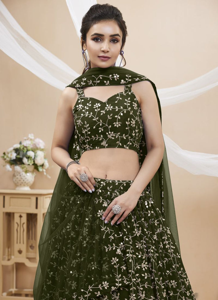 Olive Green Exquisite Georgette Wedding Lehenga with Sequins and Zari Work