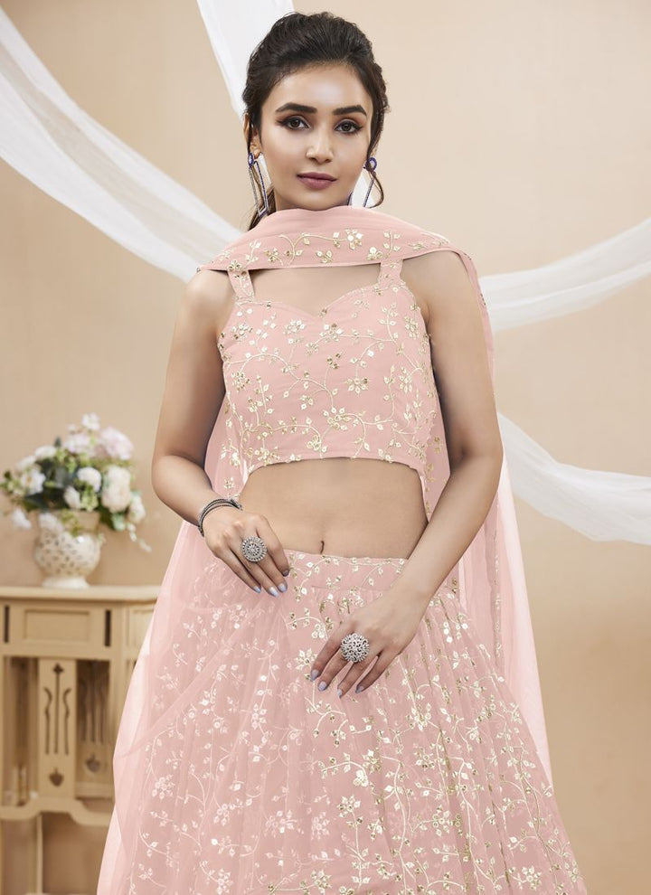 Orange Peach Exquisite Georgette Wedding Lehenga with Sequins and Zari Work