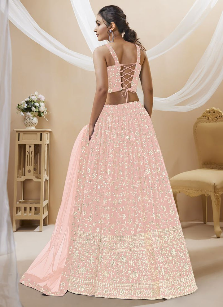 Orange Peach Exquisite Georgette Wedding Lehenga with Sequins and Zari Work