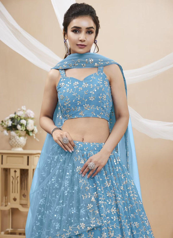 Sky Blue Exquisite Georgette Wedding Lehenga with Sequins and Zari Work