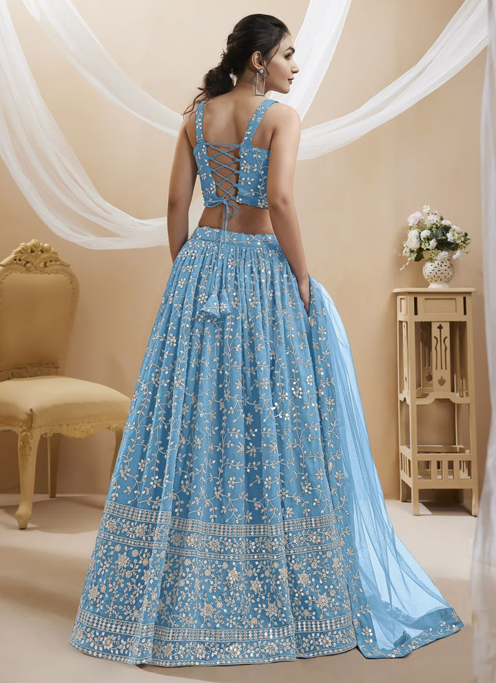 Sky Blue Exquisite Georgette Wedding Lehenga with Sequins and Zari Work