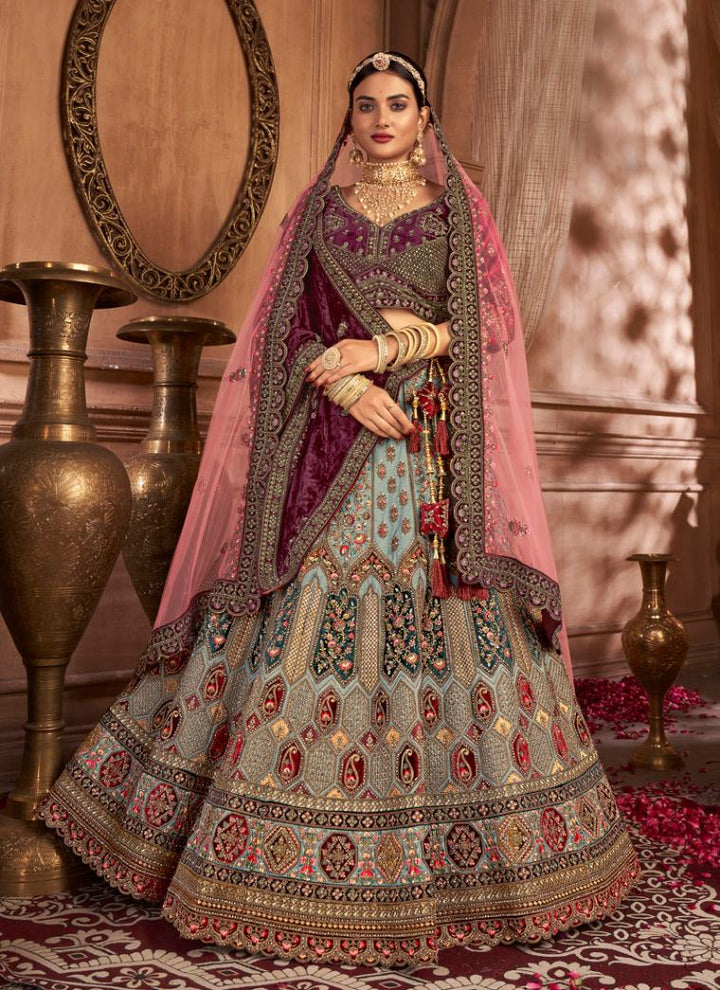 Purple Opulent Velvet Bridal Lehenga Set with Double Dupatta